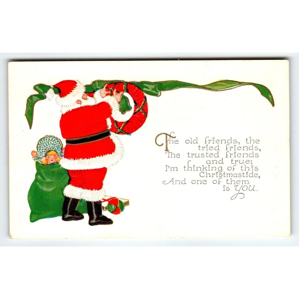 Santa Claus Christmas Postcard Saint Nick Wreath Decoration Toy Sack Vintage